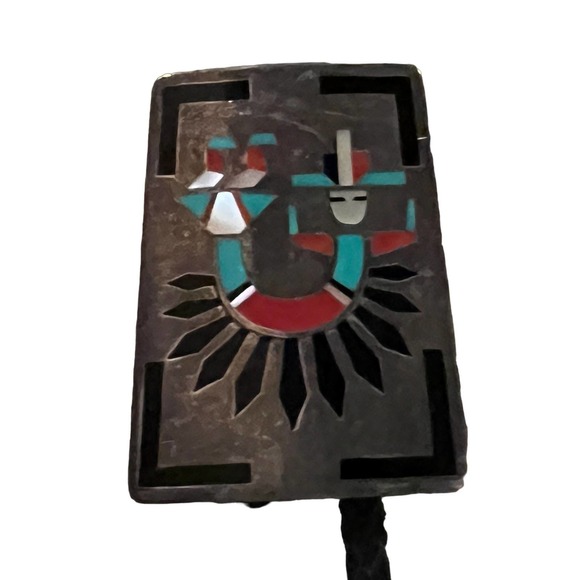 F.L. Natachu Sterling Silver and Inlay Stones Rainbow Man Bolo Tie Vintage Zuni - Picture 8 of 16